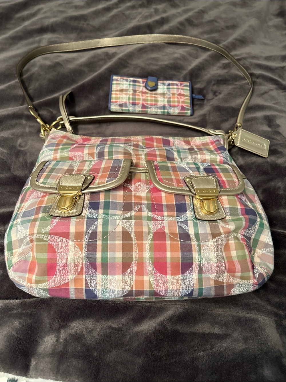 Coach Y2K Poppy Madras Multicolor Plaid Shoulder Bag with Matching Card Holder